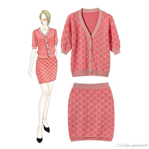 

летний новый v-образным вырезом мода дамы стиль gold line plaid knit top + половина юбка 2 набора женская одежда бальные платья кардиган раз, White