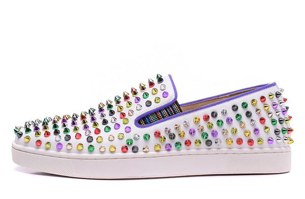 

2019 new arrival red bottoms mens women fashion luxury suede leather with studded spikes loafers rivets casual dress flats lll, Black