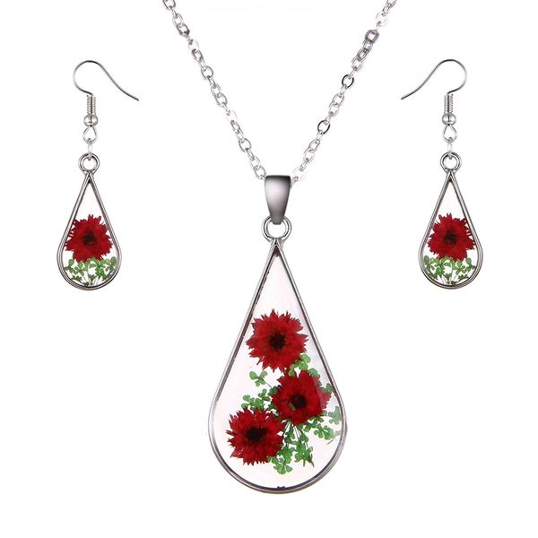 

natural dried flower with transparent glass surface for women/girls fashion pendant necklace and earring set, Silver
