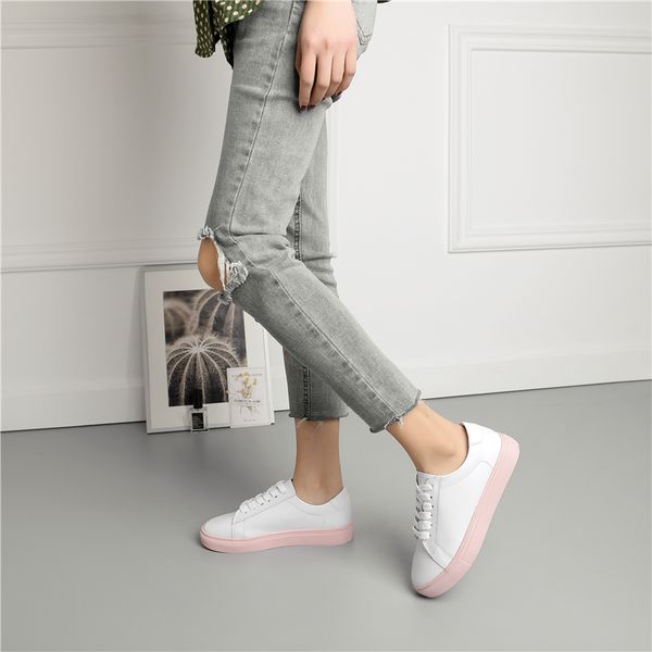 

2019 genuine leather women flats white shoes platform spring autumn casual shoes female sneakers driving walking, Black