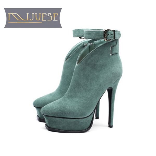 

mljuese 2019 women ankle boots kid suede ankle strap round toe platform stiletto boots thin heel high heels women, Black