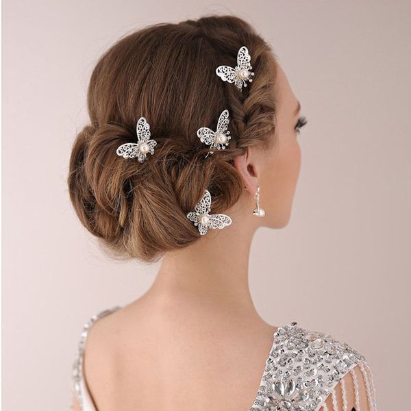 

3 pcs bride butterfly hair pin wedding dress costume headdress shaped hairpin hair accessories, Golden;white