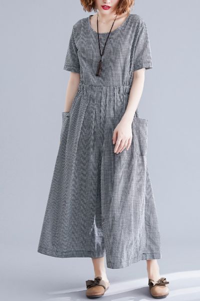 

women's jumpsuit loose large size literary short-sleeved jumpsuit women's wild was thin plaid nine points wide leg pants, Black;white