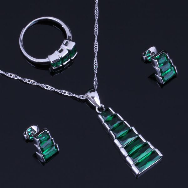 

fascinating trapezoid green cubic zirconia 925 sterling silver jewelry sets for women earrings pendant chain ring v0962