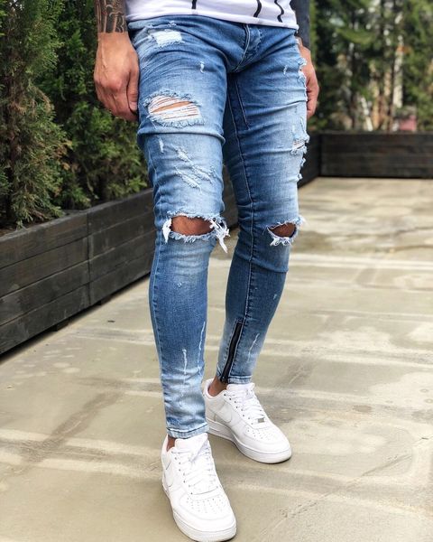 

888 men pants small foot zipper jeans fashion knee holes exploded men's jeans, Blue