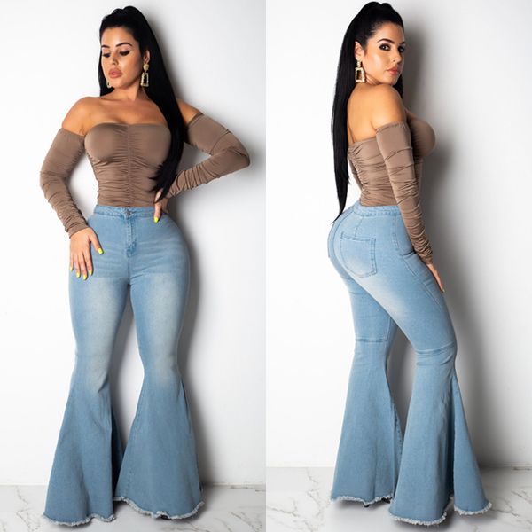 

женщины highwaist большой клеш джинсы nouveau streetwear омывается жан sexy подъемное hip femme тощий клеш брюки джинсовые широкий leg эласт, Blue