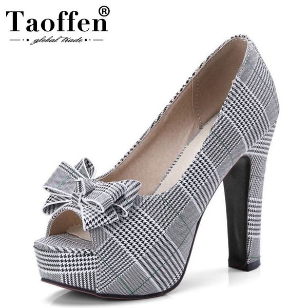 

taoffen size 32-43 chic women platform bowknot high heel shoes women peep toe bowtie spike heel pumps office ladies footwear, Black