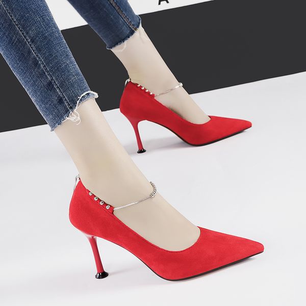 

shoes woman chain pumps high heels shoes string bead slip on slides flock pointed toe shallow sandals luxury zapatos mujer, Black