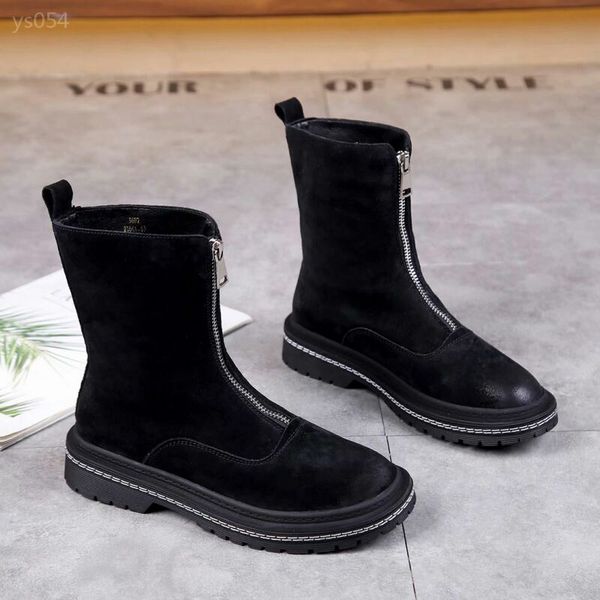 

trend autumn winter european station martin boots female british retro front zipper thick bottom short boots factory direct sales, Black