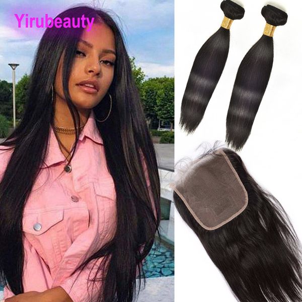 Cabelo humano da Malásia Duas peças com fechamento de renda 7x7 com cabelos do bebê Três parte grátis Silky Striaght 3pcs