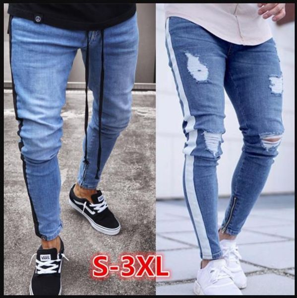 

holes mens designer biker jeans ripped striped draped street style slim fit pencil pants fashion mens pantalones, Blue