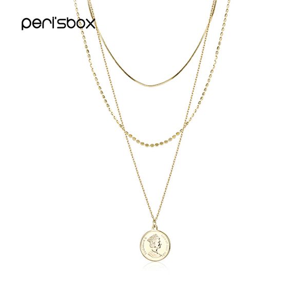 

peri'sbox boho style three layered chain choker necklace for women portrait coin pendant chokers dainty disc necklaces wholesale, Golden;silver