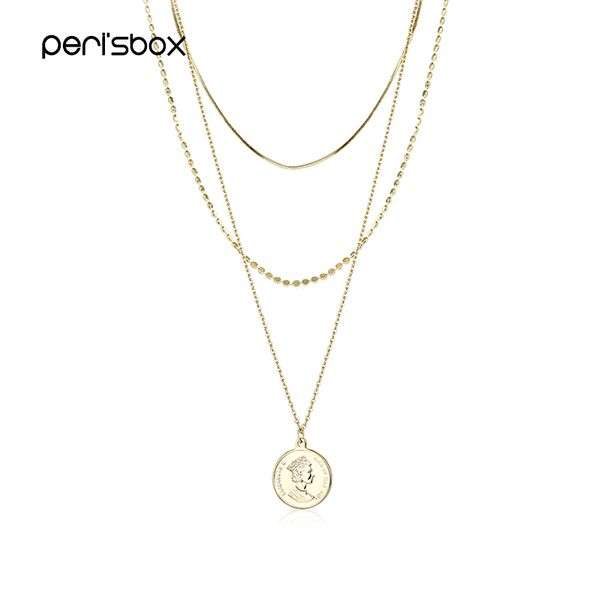 

peri'sbox boho style three layered chain choker necklace for women portrait coin pendant chokers dainty disc necklaces wholesale, Golden;silver