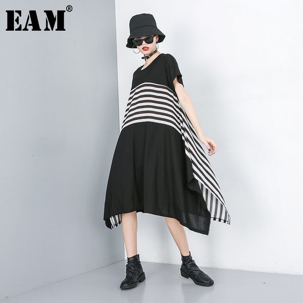 

eam] 2020 new spring summer round neck short sleeve black striped irregular hem chiffon dress women fashion tide js379, Black;gray