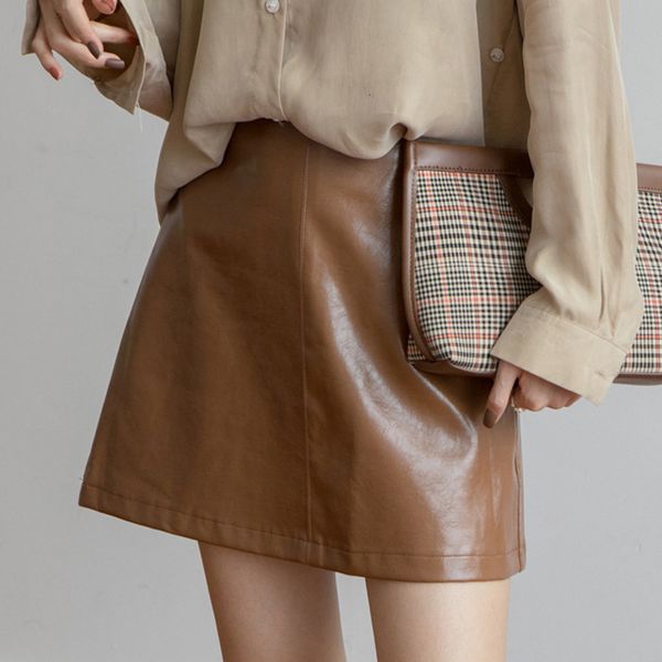 

lanmrem 2019 autumn and winter new fashion solid color a word pu leather high waist temperament small leather skirt women pb705, Black