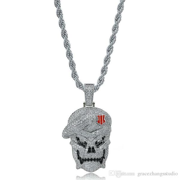 

hip hop skull diamonds pendant necklaces for men luxury crystal pendants western rapper singer copper zircons chains necklace ing, Silver