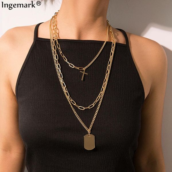 

punk boho layered cross choker necklace collares hip hop stainless steel steampunk pendant long chain necklace couple jewel, Silver