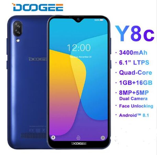 

doogee y8c android 8.1 6.1inch 19:9 waterdrop ltps screen smartphone mtk6580 1gb ram 16gb rom 3400mah dual sim 8mp+5mp wcdma
