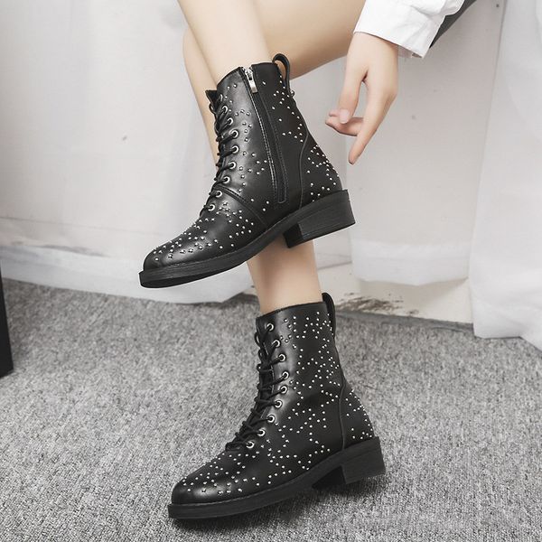 

tino kino women ankle boots rivets zip thick med heel black ladies motorcycle boots plus size female fashion shoes lace up