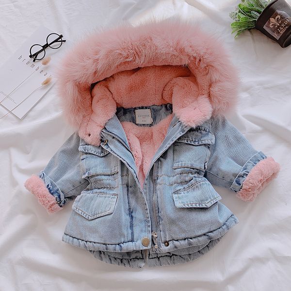 

new winter baby girls denim jacket plus velvet toddlers girls outerwear coat hooded thicken kids infant parkas, Blue;gray