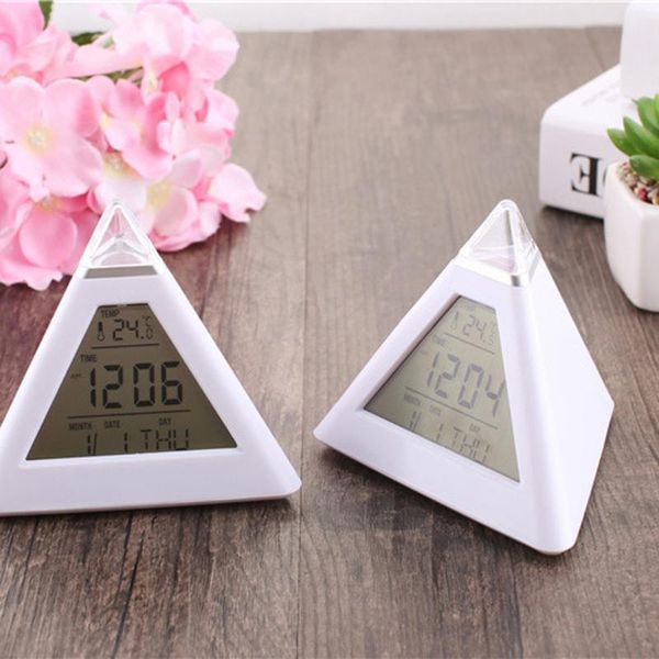 

alarm clocks pyramid temperature 7 colors led change backlight led moon alarm clock despertador digital student small clock #lr2