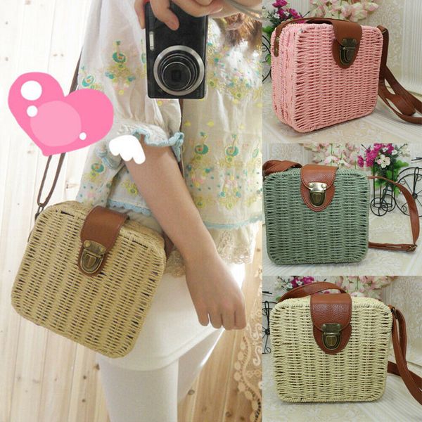 

2019 fashion women girl rattan straw bag woven square handbag crossbody beach summer bag