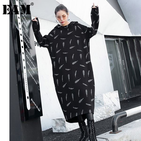 

eam] women pattern printed long big size sweatshirt dress new hooded long sleeve loose fit fashion spring autumn 2020 1h726, Black;gray