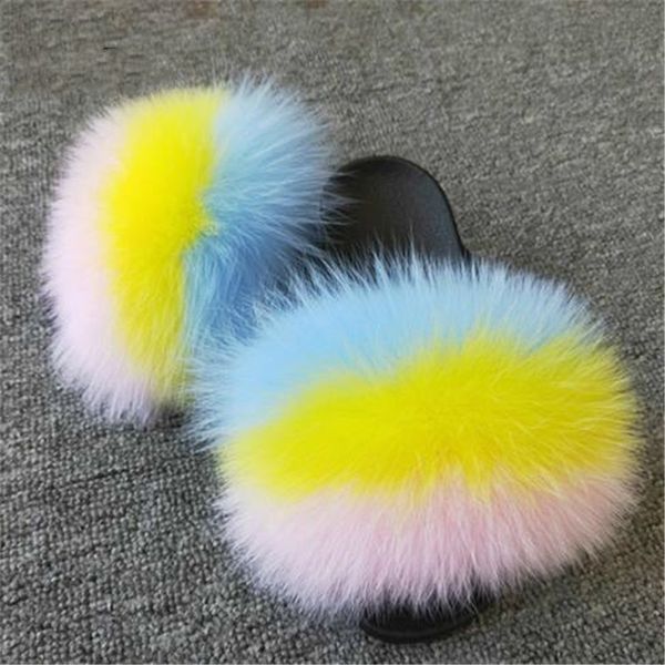 

women's summer fur slippers children's/woman real fox fur slides cute fluffy plush flip flops ladies/kids furry home shoes eu45, Black