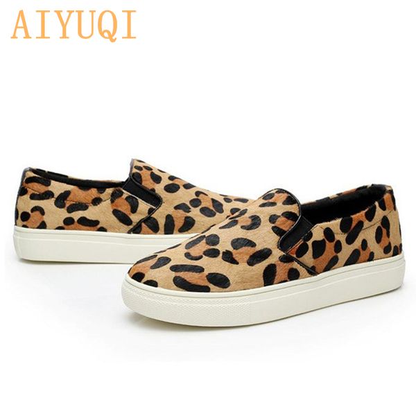 

aiyuqi women flat shoes 2019 new genuine leather female leopard print loafers horse hair soft bottom one pedal lazy shoes women y190704, Black