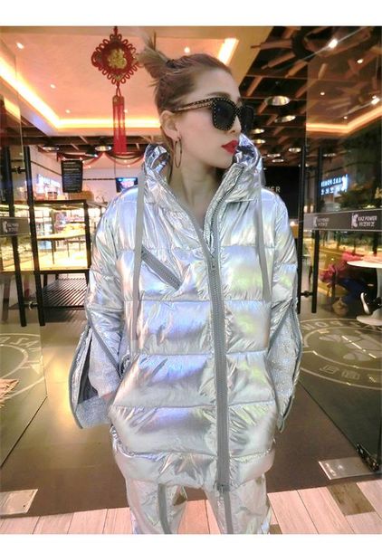 

женщины теплая зима пальто моды блестящий с капюшоном вниз куртки негабаритные проложенный толстые ветровки laser metallic silver coats stre, Black