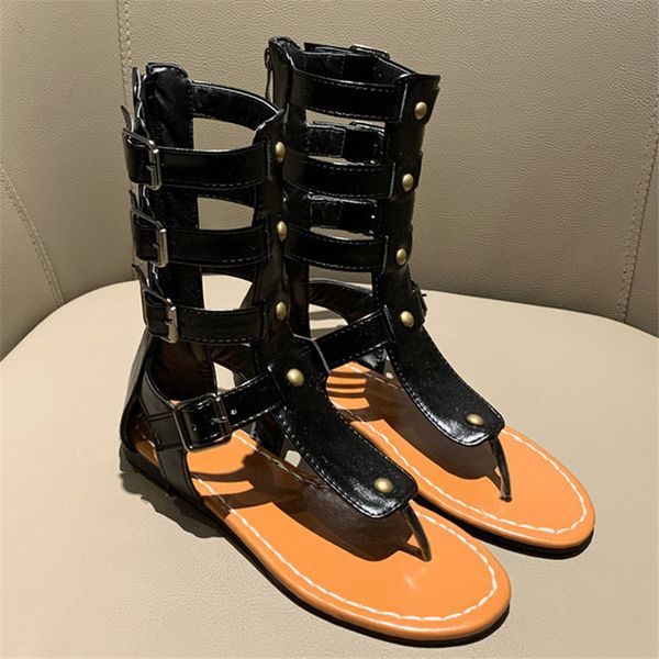 

large size buckle gladiator sandals women flat casual thong sandal women summer shoes, Black