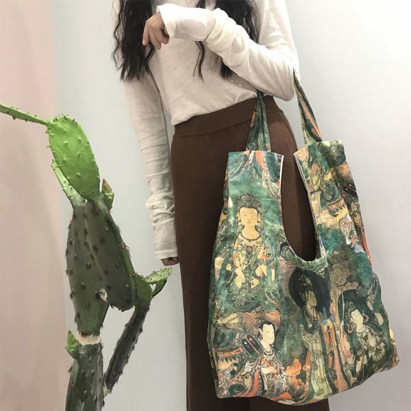 

shoulder bag shoulder strap adjustable cloth bag personality printing college style canvas shopping green