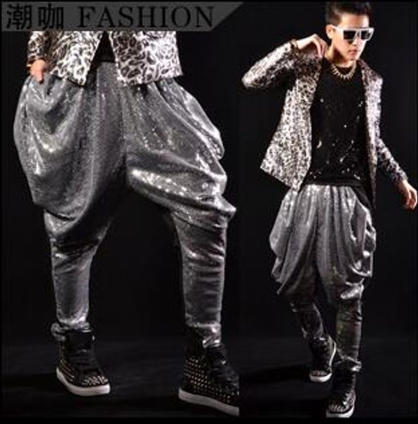 

mens pants stage personality silver sequins harem pant men feet trousers singer dance rock fashion pantalon homme street, Black
