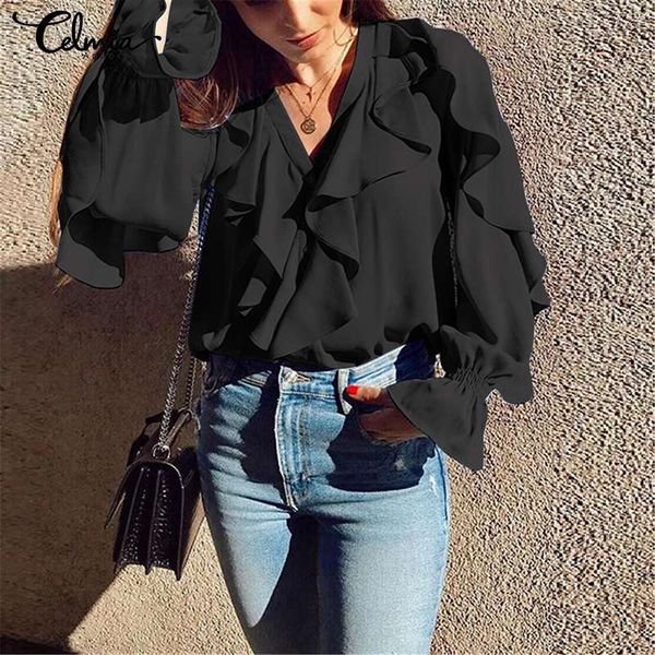 

v-neck long sleeve women ruffle blouses 2019 celmia summer plus size streetwear casual buttons solid ladies blusas 5xl, White