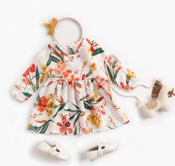 

girl kids designer clothes dress spring fall full flower print long sleeve design dress soft elegant girl clothing dress, Red;yellow
