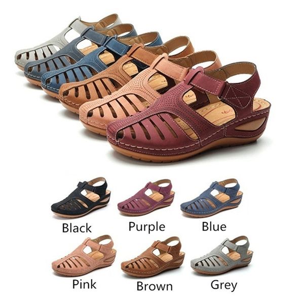 

retro women's sandals car line hole shoes non-slip round toe wedge comfortable sandals women ankle hollow round toe, Black