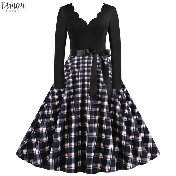 

плед лета женщин платья офисная одежда robe vintage 50s 60s pin up dot свинг партии rockabilly платье длиной до колен vestidos, Black;gray