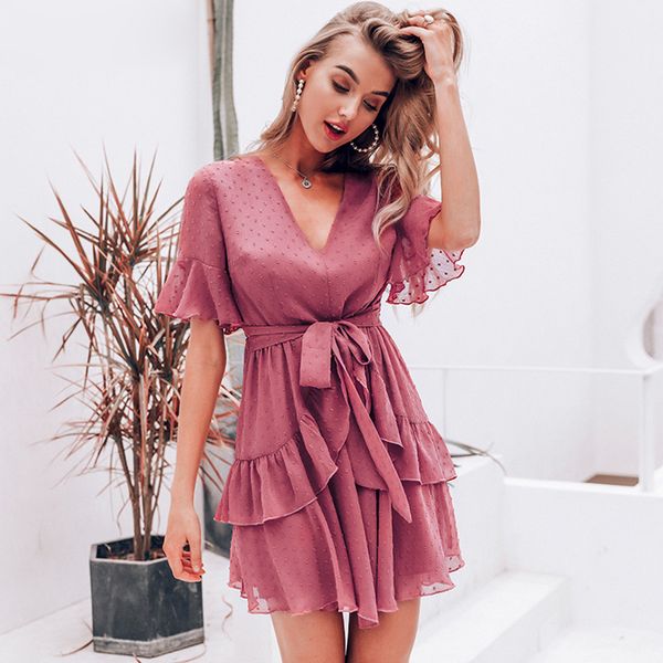 

v neck polka dot women dress summer style layer ruffle chiffon short sundress elegant zipper holiday vestidos 2019, Black;gray