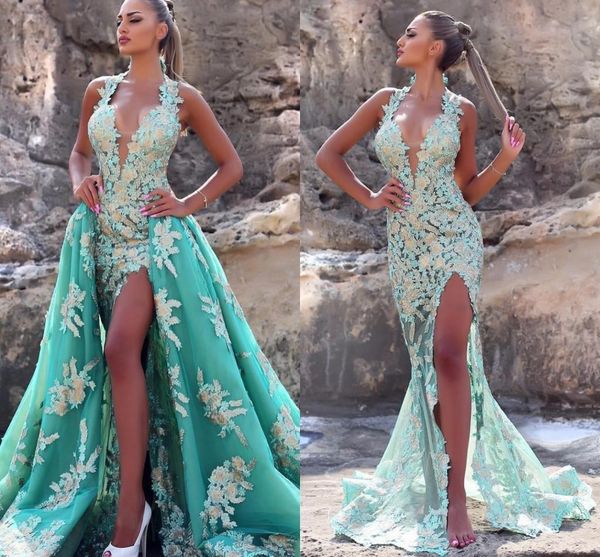 

mint green mermaid prom dresses with detachable train halter high side split lace appliqued evening gown long formal party dress, Black