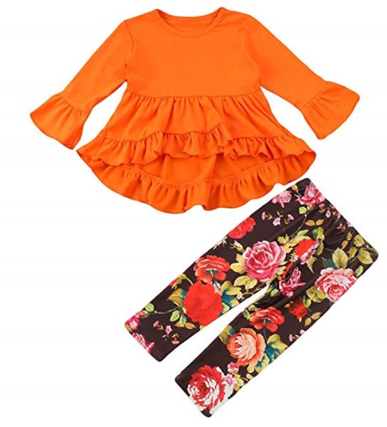 

toddler little girl clothes set ruffle flare tunic dress striped leggings pants 2 piece fall winter girl outfit set clothes, White