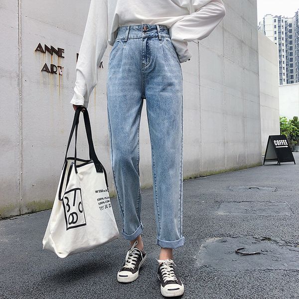 

jeans women's 2020 autumn new style fashion harem pants korean-style high-waisted retro two-button versatile dad pants, Blue