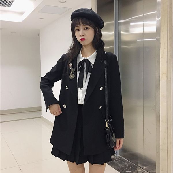 

jk uniforms college suit female autumn small suit jacket shirt jacket pleated busts wears japanese fashion school uniform, Black