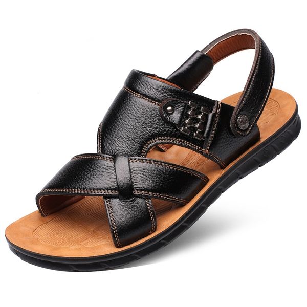 

massage sandals for men cowskin slipper genuine leather summer man sandal wearproof nonslip slippers for men zy334, Black