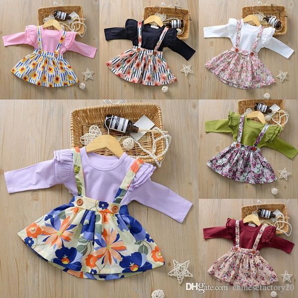 

48 colors baby girls clothes set rompers + suspender skirt flower printed 2 pcs boutique ins autumn long sleeve romper, White