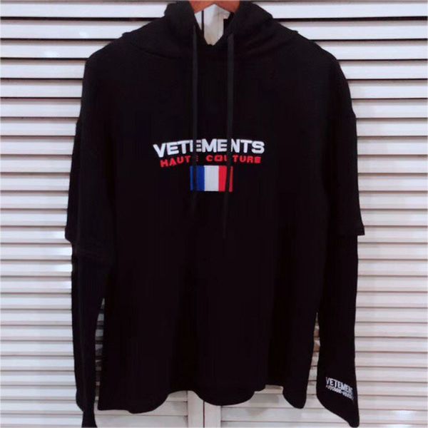 

vetements hoodie autumn winter fashion casual streetwear vetements sweatshirts france flag embroider vetements hoodie pullover, Black
