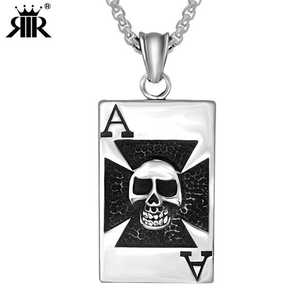 

retro stainless steel skull playing cards pendant europe and america skeleton ace of spades cool men titanium steel necklace pen, Silver