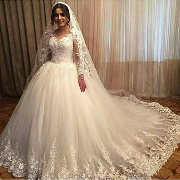 

appliques lace wedding dressees sheer crew neck long sleeves ball gowns vestido de noiva 2020 vintage sheer tulle plus size bridal gown, White