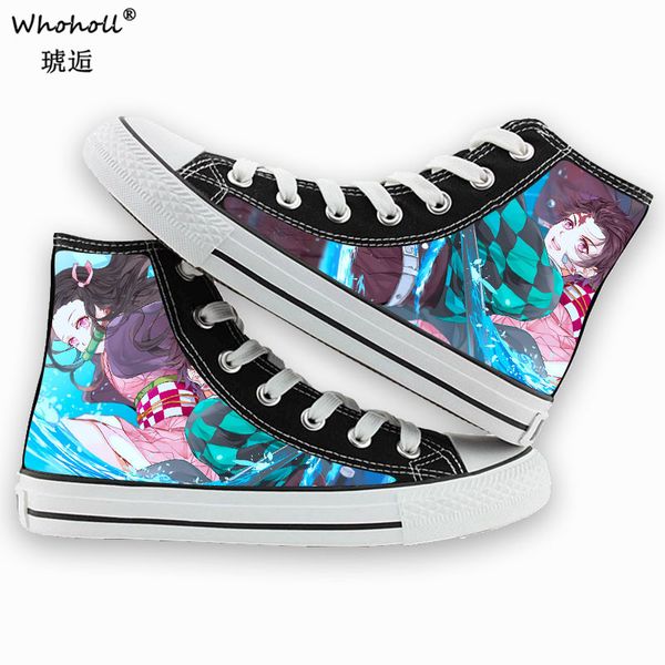 

whoholl demon slayer print canvas shoes with velvet japanese anime student men and women casual shoe lovers couples shoes, Black