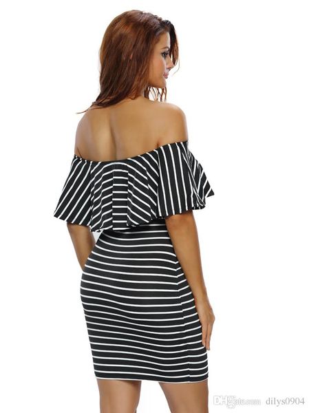 

2017 fashion women's wear dresses women clothing black and white striped short sleeve strapless slim hip dress 22792, Black;gray