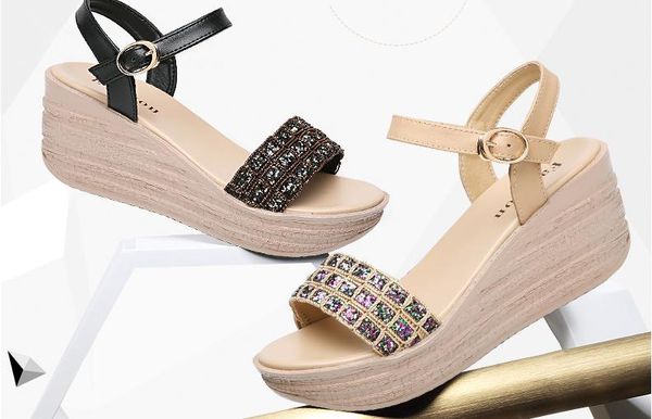

2019 women's sandals in summer with new style slope heel thick bottom waterproof table @2503, Black